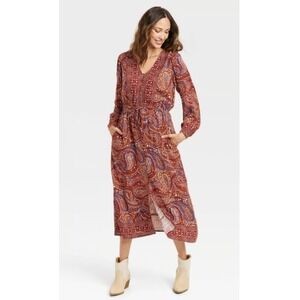Knox Rose Dress Womens 2X Red Paisley Rayon Long Sleeve Boho Cottagecore Midi